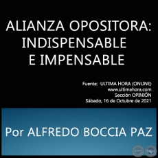 ALIANZA OPOSITORA: INDISPENSABLE E IMPENSABLE - Por ALFREDO BOCCIA PAZ - Sbado, 16 de Octubre de 2021